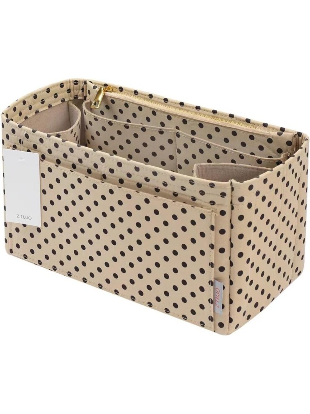 Medium Brown Polka Dot Handbag Organizer Insert with Bottle Holder for Totes